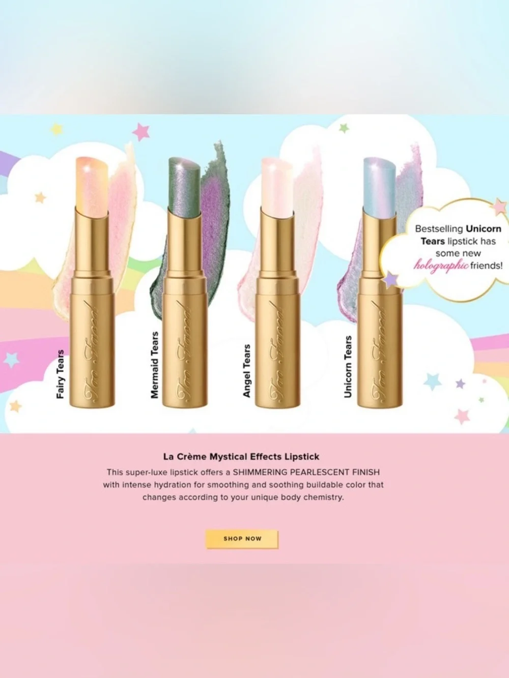 NIB Too Faced Angel Tears La Crème Mystical Effects Lipstick